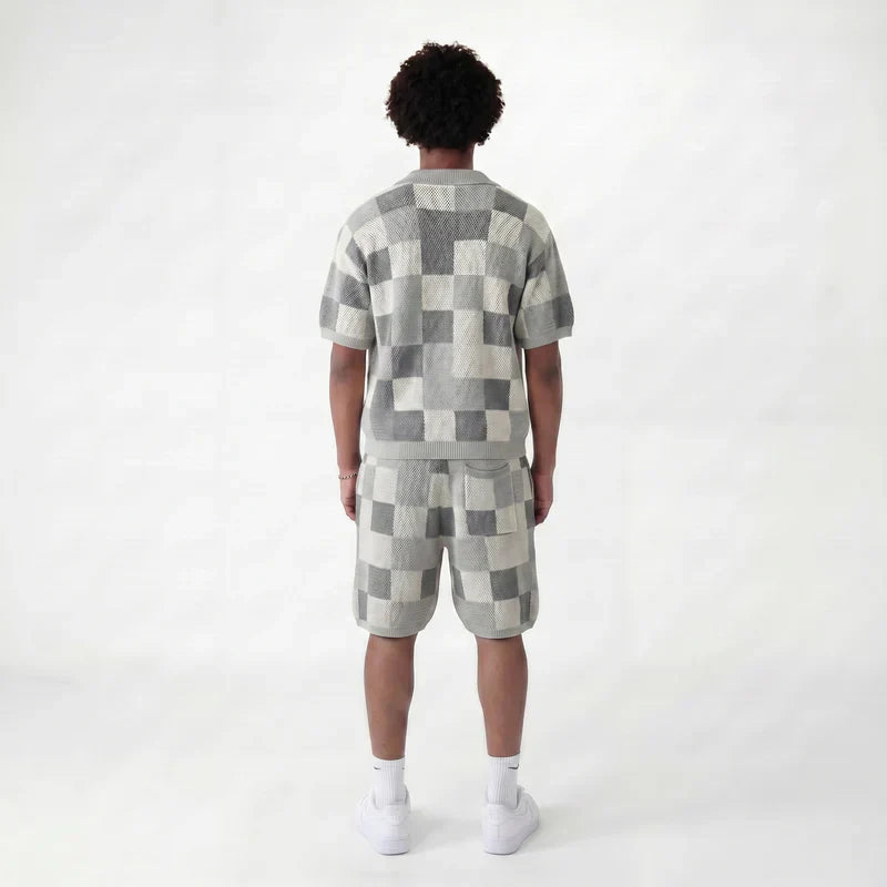 Checkerboard jacquard shirt & shorts set