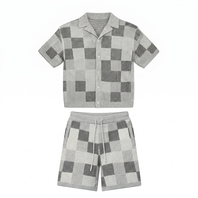 Checkerboard jacquard shirt & shorts set