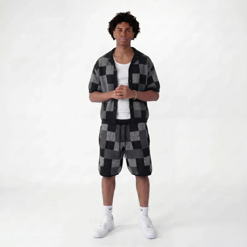 Checkerboard jacquard shirt & shorts set