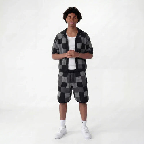 Checkerboard jacquard shirt & shorts set
